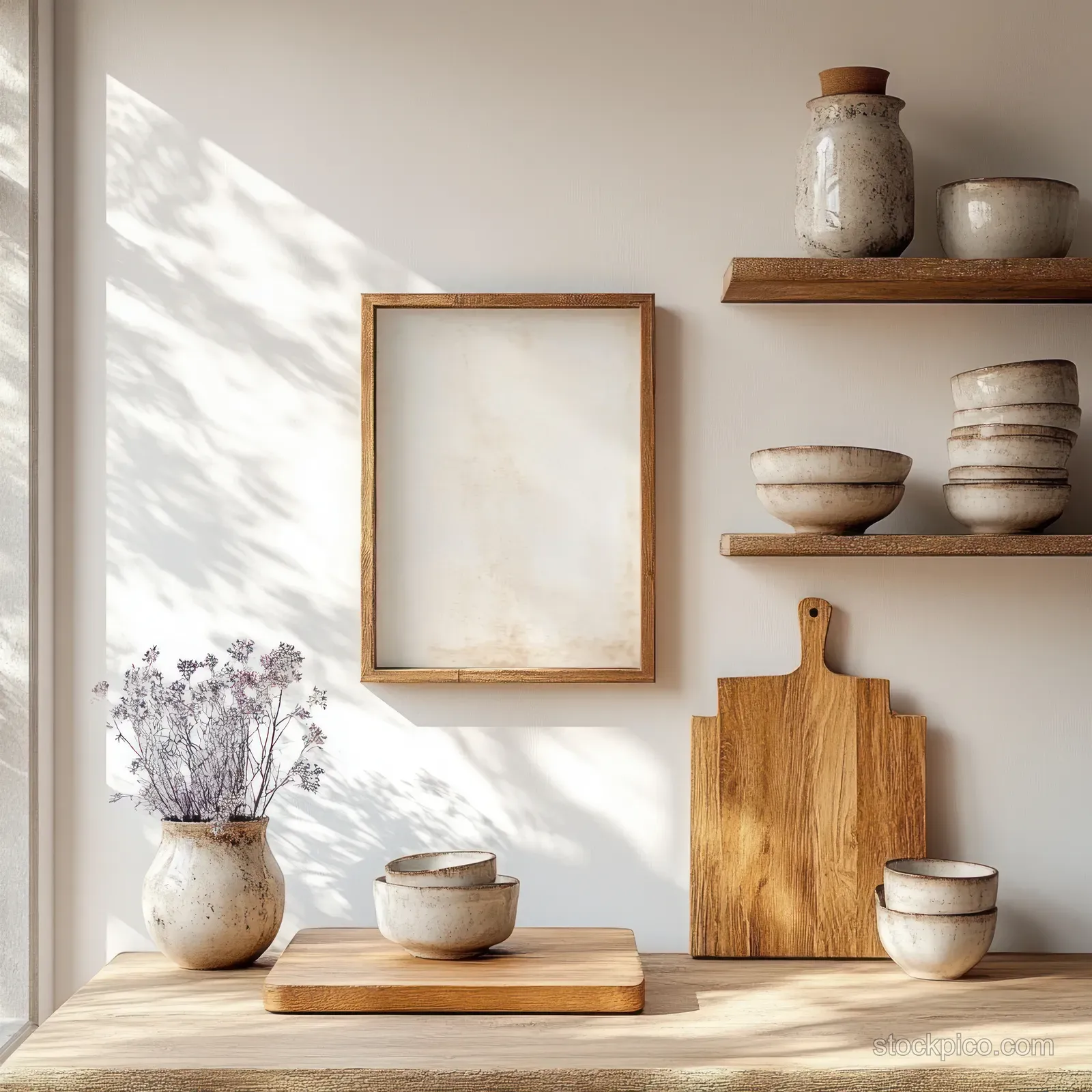Ceramic bowls, a wooden cutting board, and dried flowers arranged on a shelf and tabletop in soft sunlight shadows.