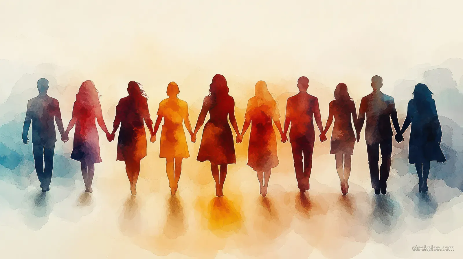 A diverse group of people holding hands and walking forward through mist under a warm sunrise glow.