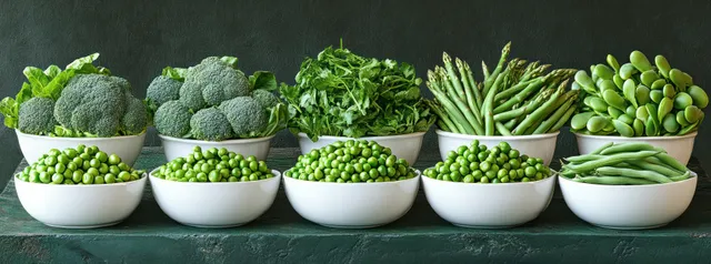 White bowls filled with fresh green vegetables including broccoli, peas, asparagus, and green beans arranged on a rustic surface.