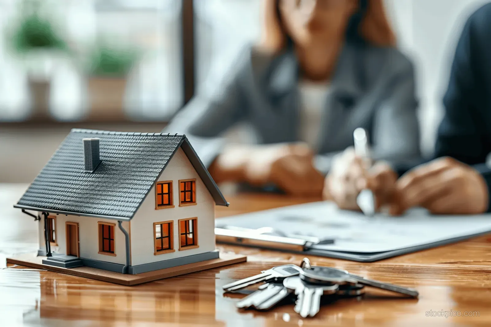 Miniature house and keys on a desk with people signing a home contract behind it.