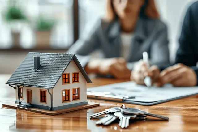 Miniature house and keys on desk during home purchase contract signing
