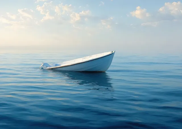 A white rowboat floats on calm blue ocean water beneath a soft cloudy sky.