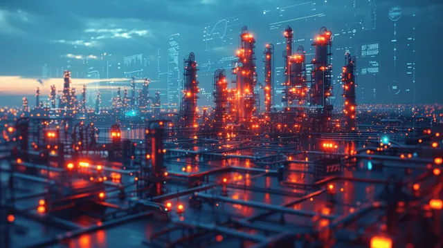 Futuristic oil refinery plant at night with glowing control panels and data holograms