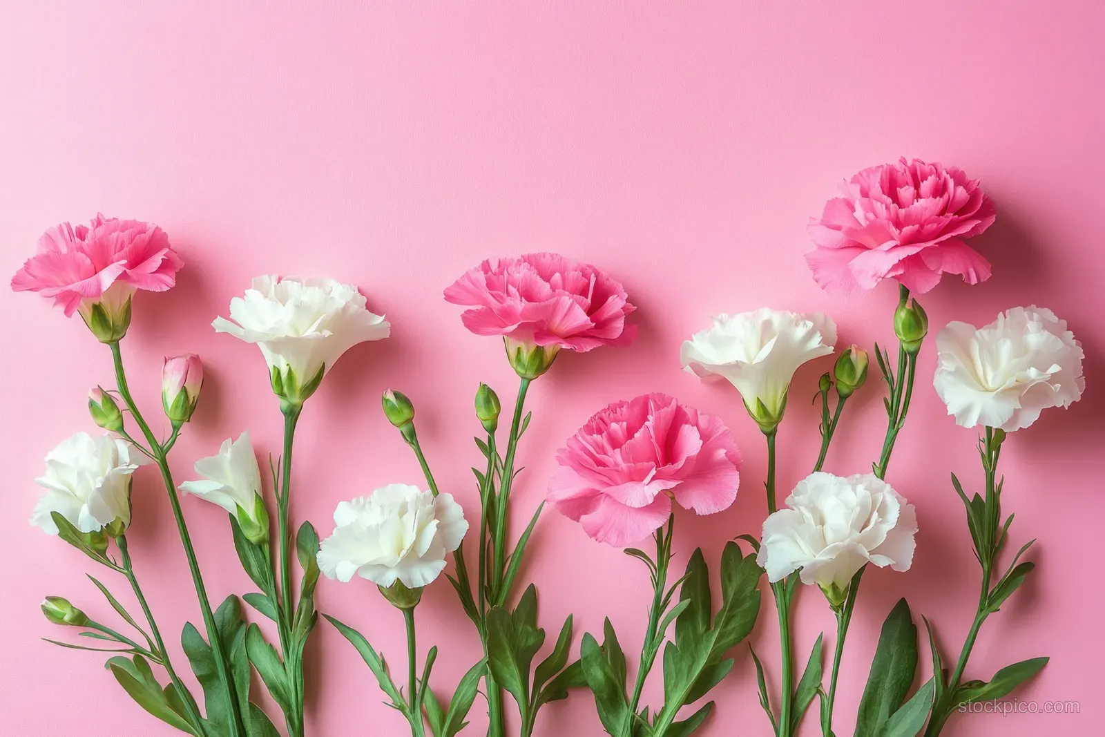 Pink and white carnations with green stems arranged on a pastel pink background in a minimal top view.