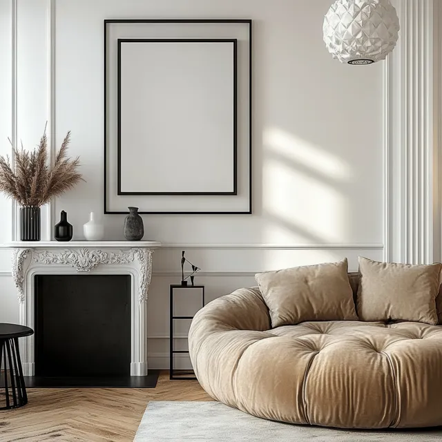 A minimalist living room showcases a framed blank poster, soft natural light, and stylish decor elements.