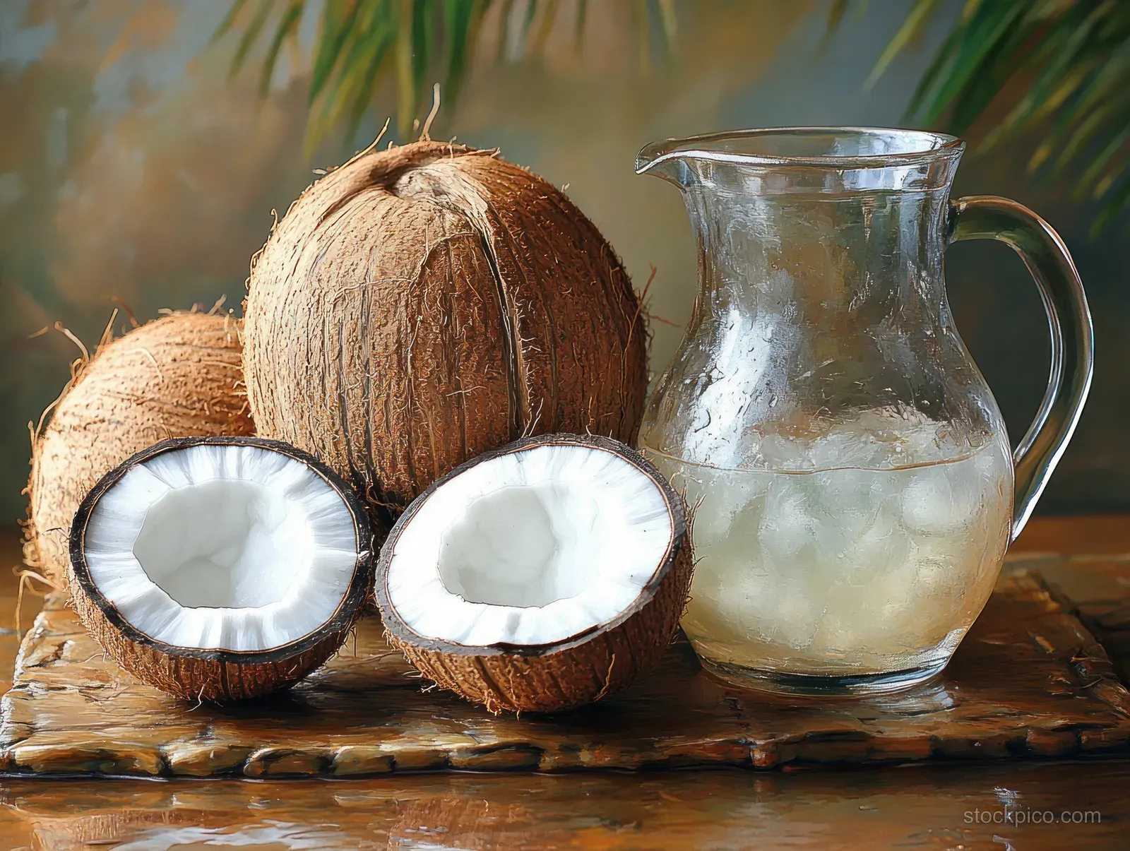 Coconut halves beside a glass jug filled with clear coconut water on a rustic wooden table.