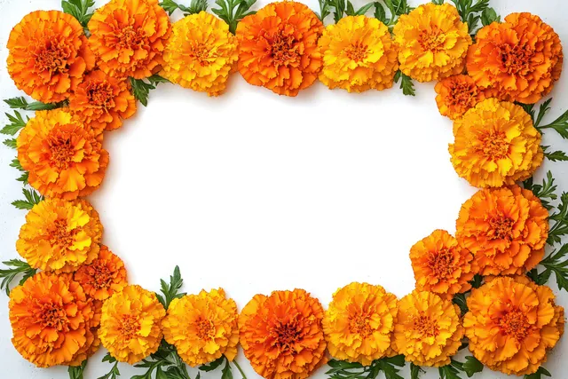Orange and yellow marigold flowers arranged in a rectangular frame with green leaves on a white background.