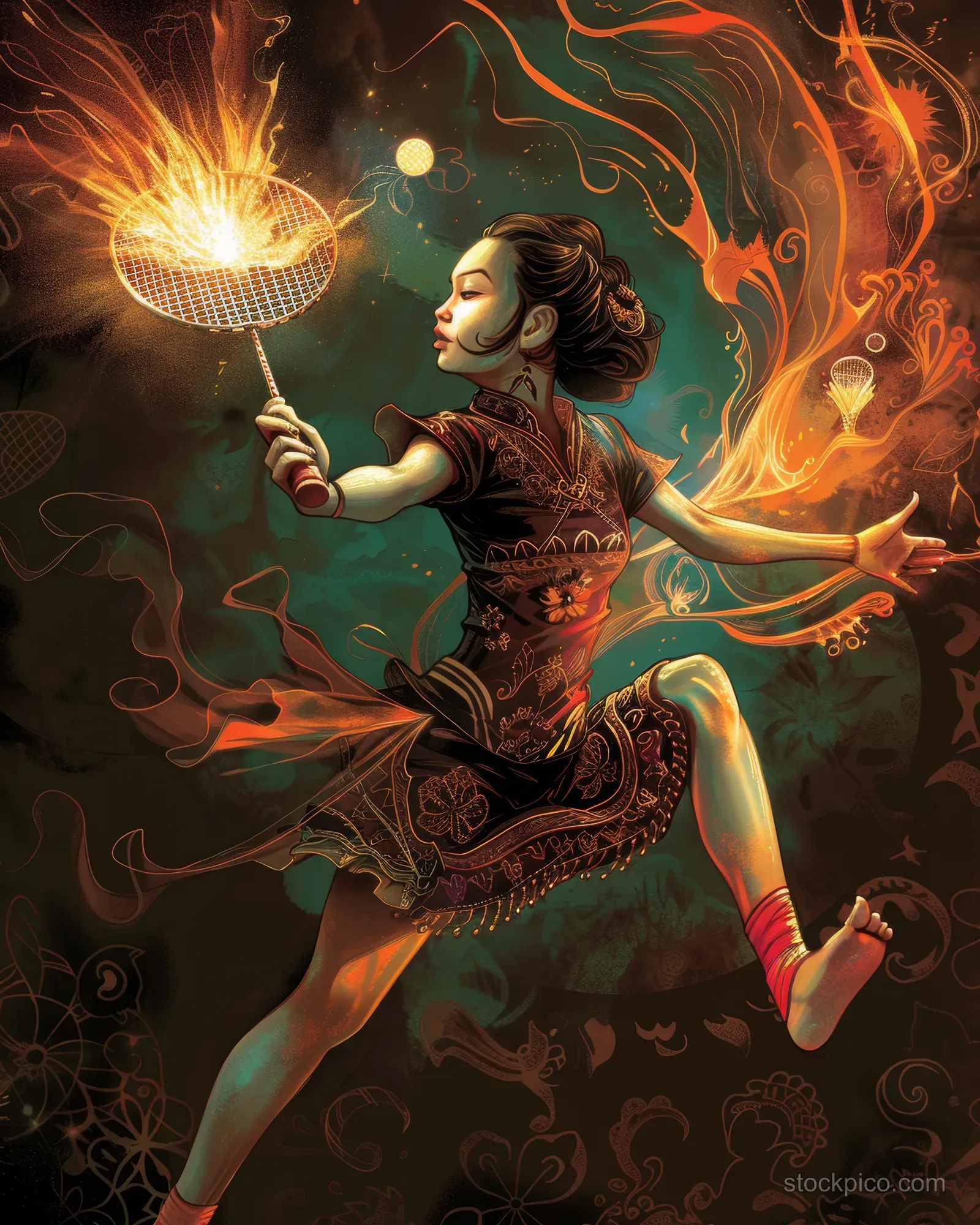 An Indonesian badminton player lunges midair to hit a shuttlecock, surrounded by fiery trails and swirling patterns.