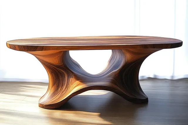 Sculptural wooden table with flowing curved legs on a light wooden floor under soft natural daylight.