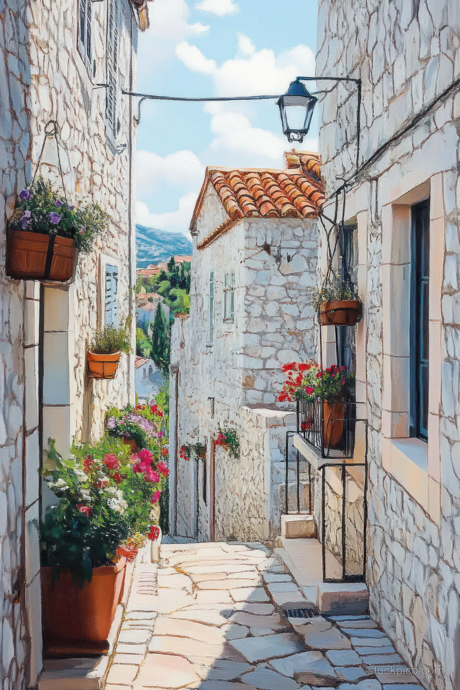 Sunlit stone alley between white houses with window planters and colorful flower pots under a clear blue sky.