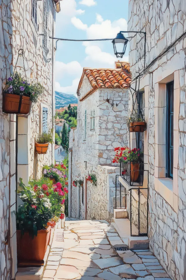 Sunlit stone alley between white houses with window planters and colorful flower pots under a clear blue sky.