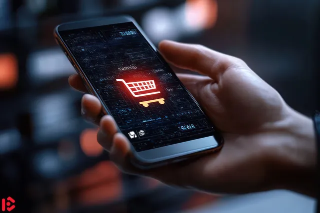 A hand holds a smartphone showing a glowing shopping cart icon on a dark e-commerce interface.