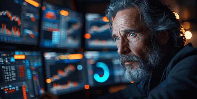A financial trader in a dark office monitors multiple market chart screens with candlesticks and indicator panels.