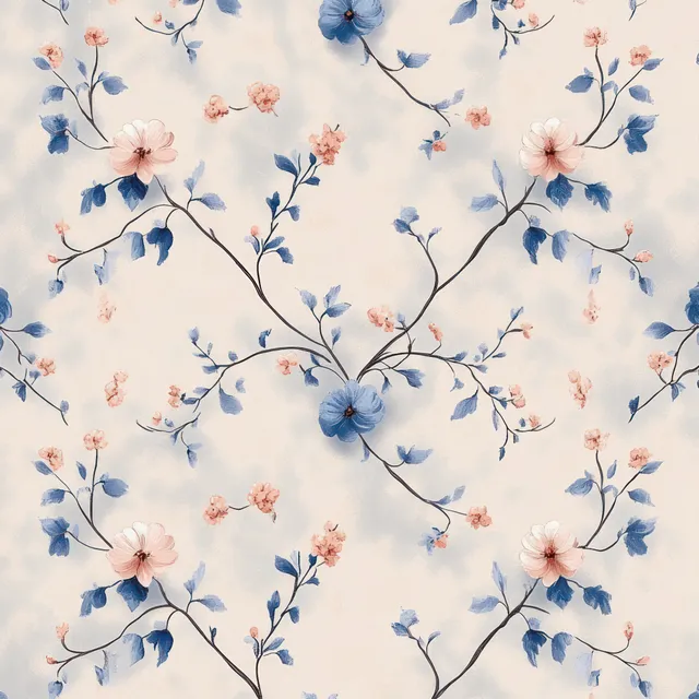 Repeating blue and pink blossom branches with leaves on a soft beige background.