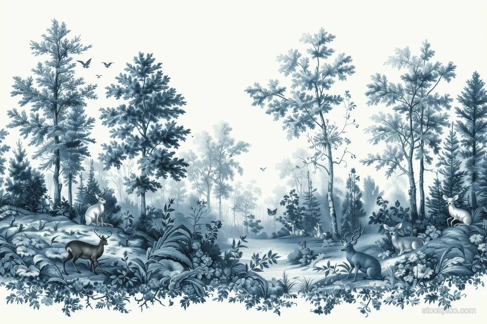 Blue and white toile de Jouy garden scene with trees, birds, and grazing animals in a seamless repeating pattern.
