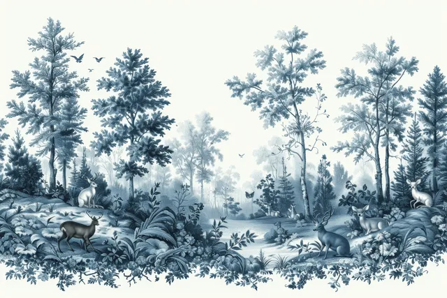 Blue and white toile de Jouy garden scene with trees, birds, and grazing animals in a seamless repeating pattern.