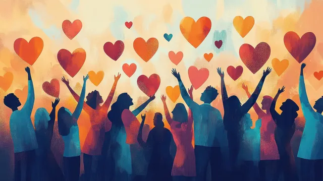 Silhouetted volunteers raise their hands as colorful hearts float above them in a charity celebration scene.
