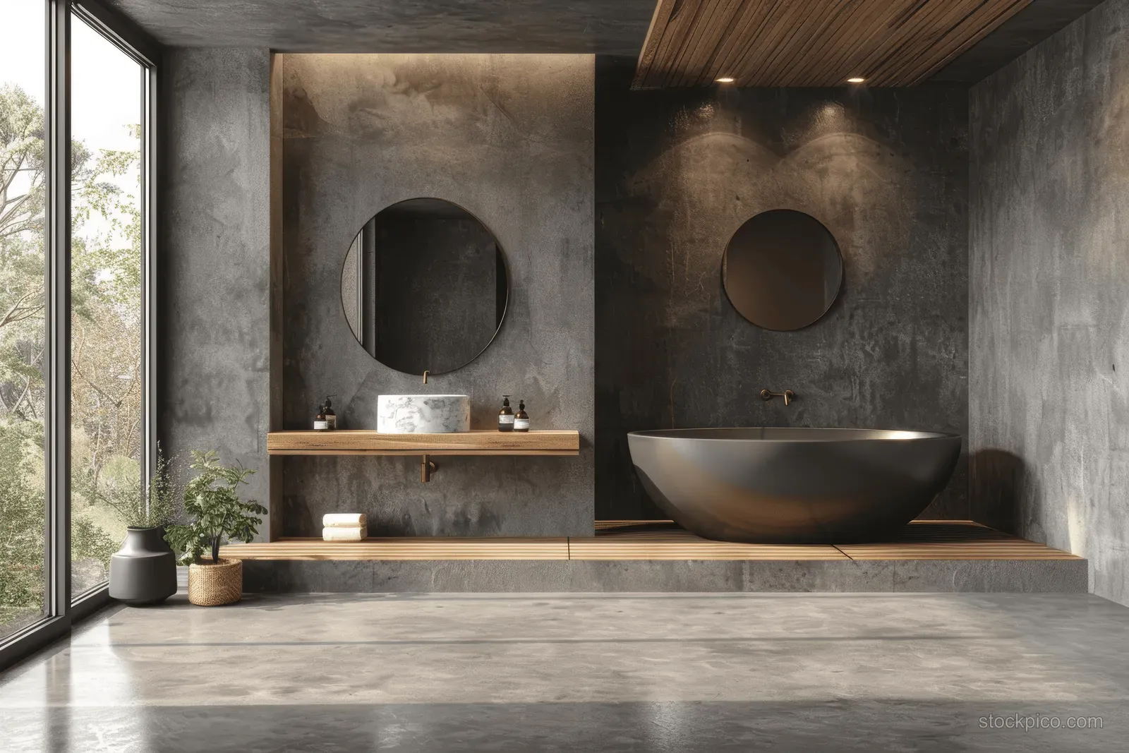 Minimalist bathroom interior showing a circular soaking tub, concrete walls, wood vanity, and natural light from a large window.