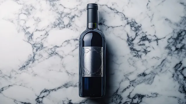 Single dark glass bottle with an empty silver label on white marble with grey veining in a studio setting.