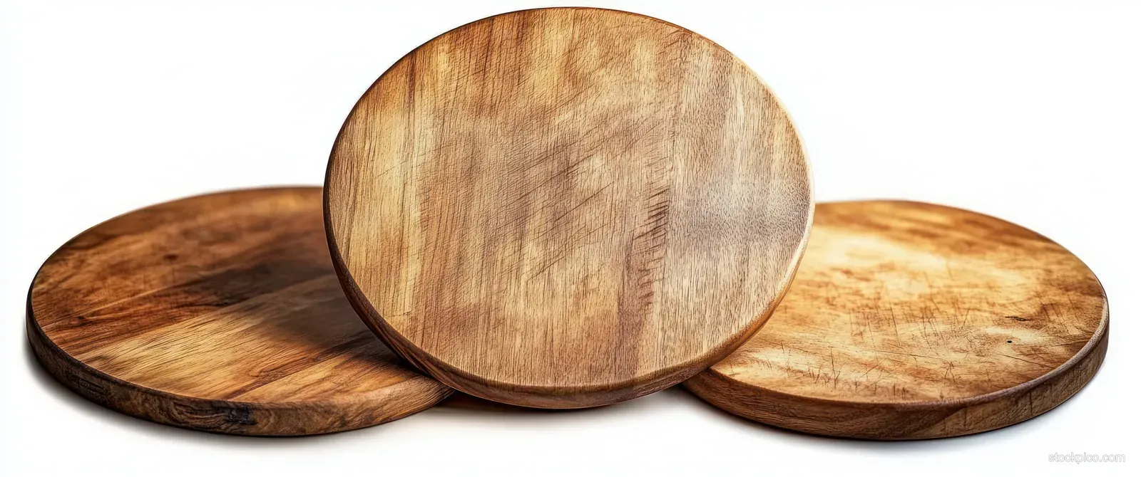 Three round wooden cutting boards stacked on a white background showing natural wood grain.