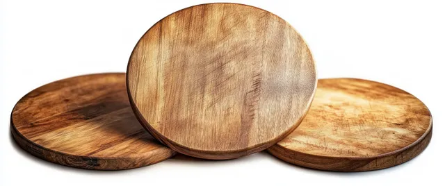Three round wooden cutting boards stacked on a white background showing natural wood grain.