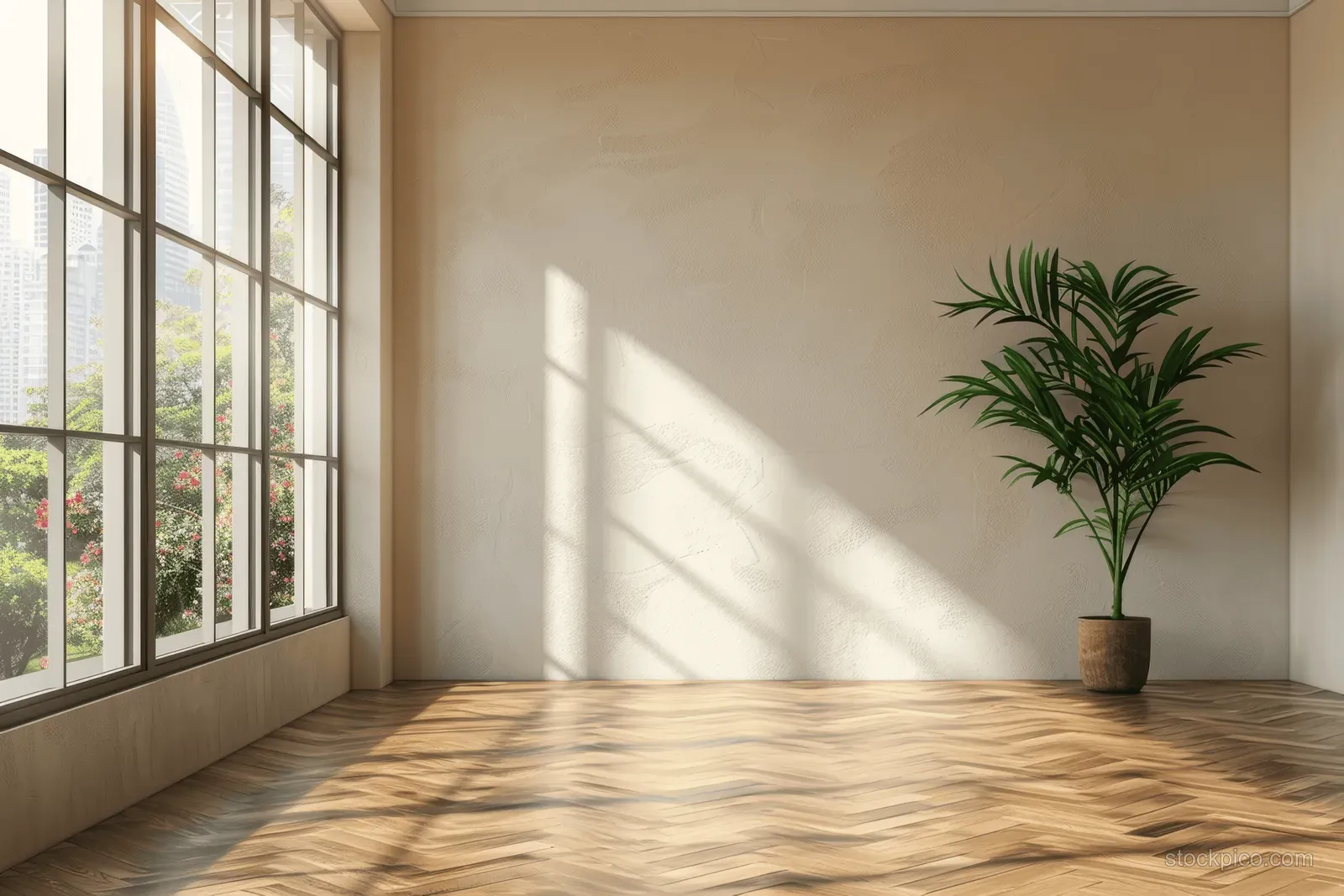 Sunlit empty room corner with large windows, warm wooden floor, and a potted plant in a beige wall interior.