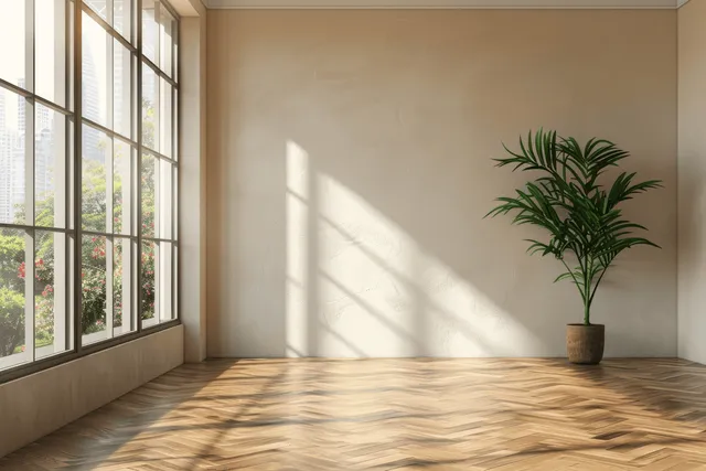 Sunlit empty corner room with large windows, warm wood floor, and potted plant