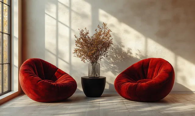 Burgundy velvet lounge chairs face each other beside a black side table with dried flowers in soft natural window light.