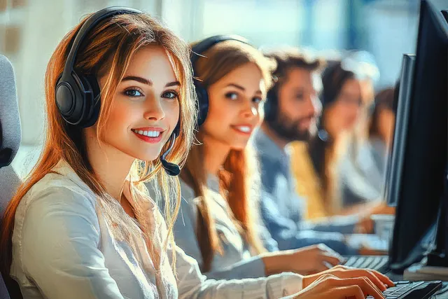 Customer service representatives wearing headsets collaborate at computers in a bright, modern call center office.