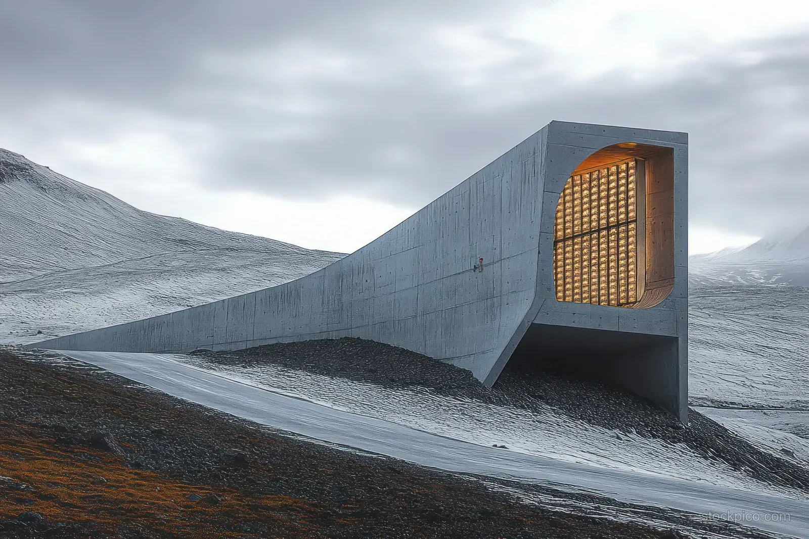 Angular concrete building with a glowing grid window stands alone in a snowy mountain pass under cloudy skies.