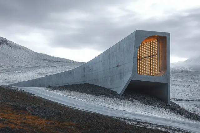 Angular concrete building with a glowing grid window stands alone in a snowy mountain pass under cloudy skies.
