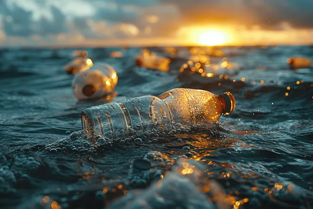 Plastic bottle fragments floating on polluted ocean surface with sunlit debris in foreground