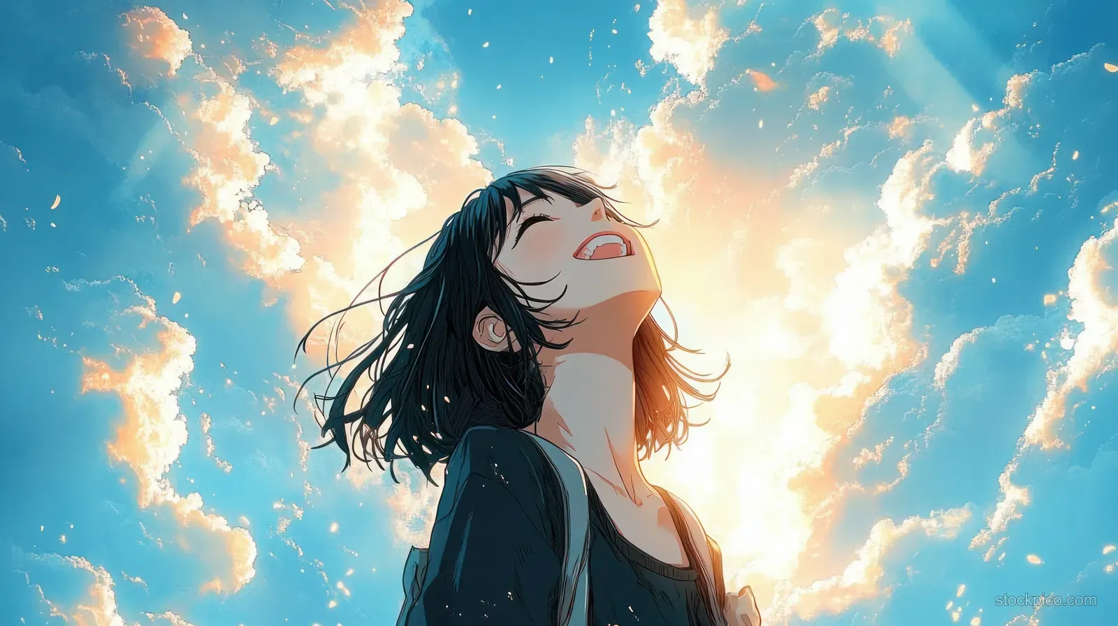 A joyful girl laughs while looking up at a bright blue sky with fluffy clouds behind her.
