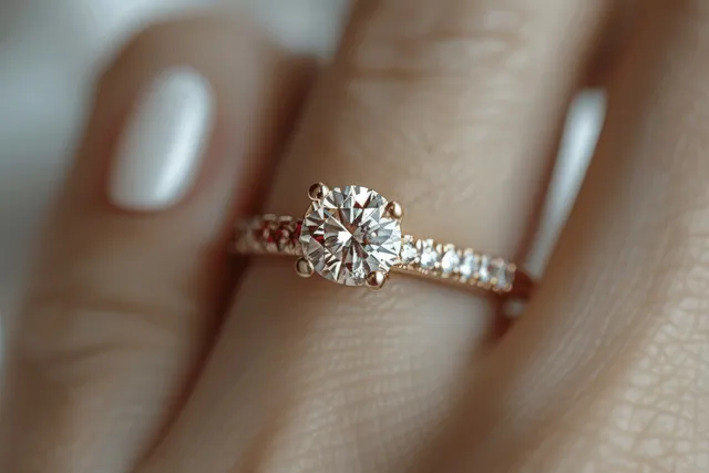 Close-up of hands wearing a golden diamond ring against a softly lit white fabric background.