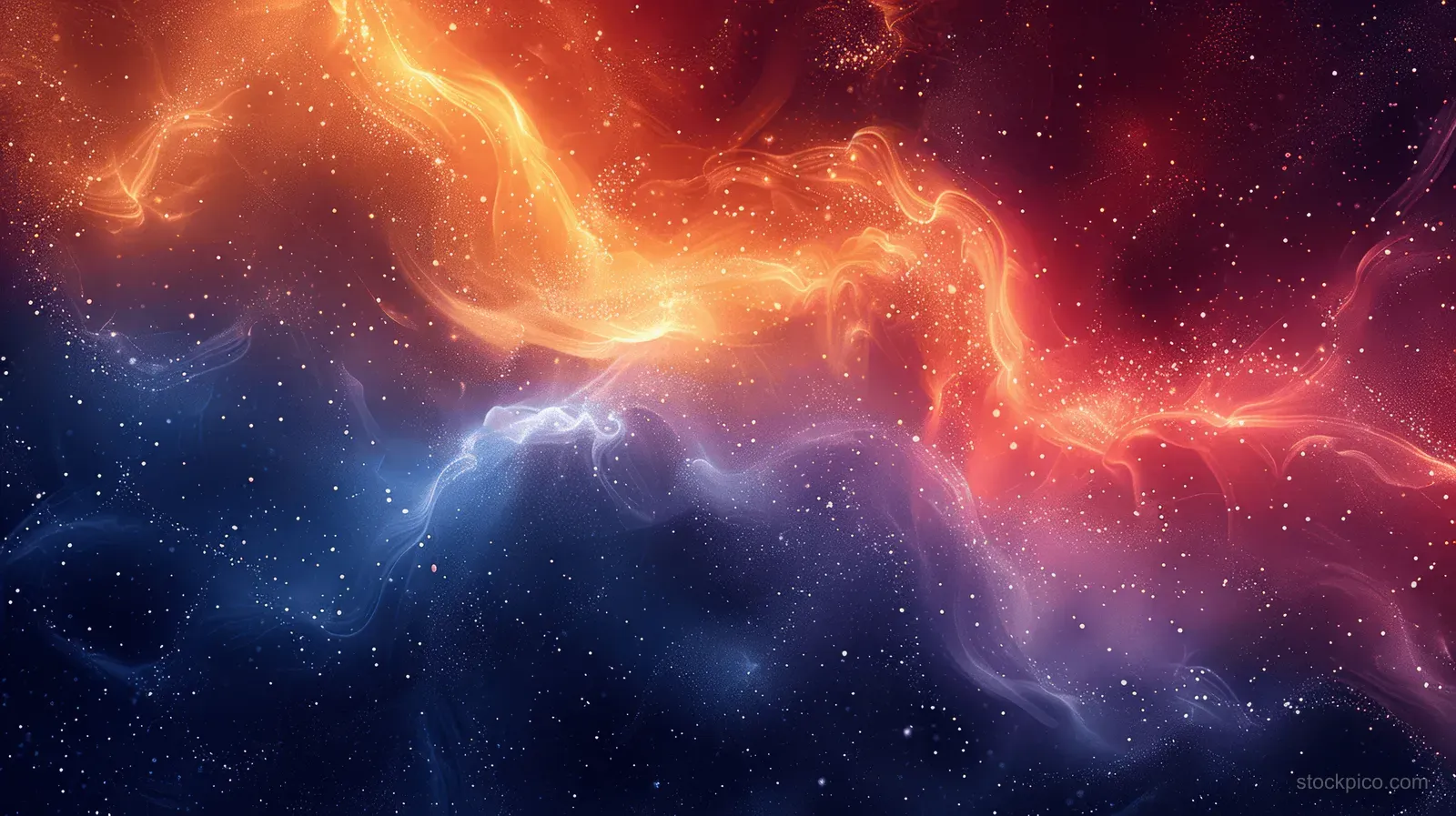 Glowing orange and blue smoke waves swirl through a starry fantasy nebula background.