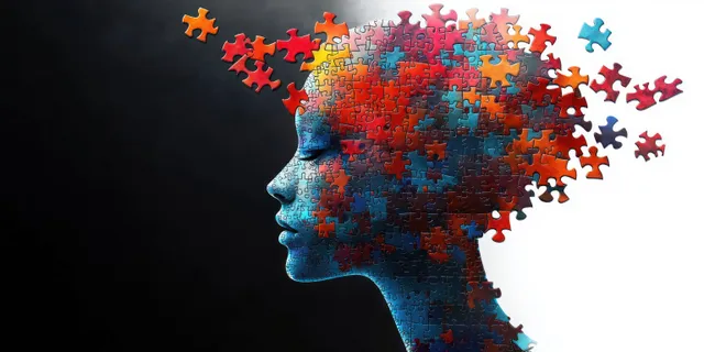 Side profile human head silhouette blended with colorful jigsaw puzzle pieces on a dark background.
