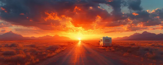 A motorhome travels toward a bright sunset along a scenic road with mountains and clouds in the distance.