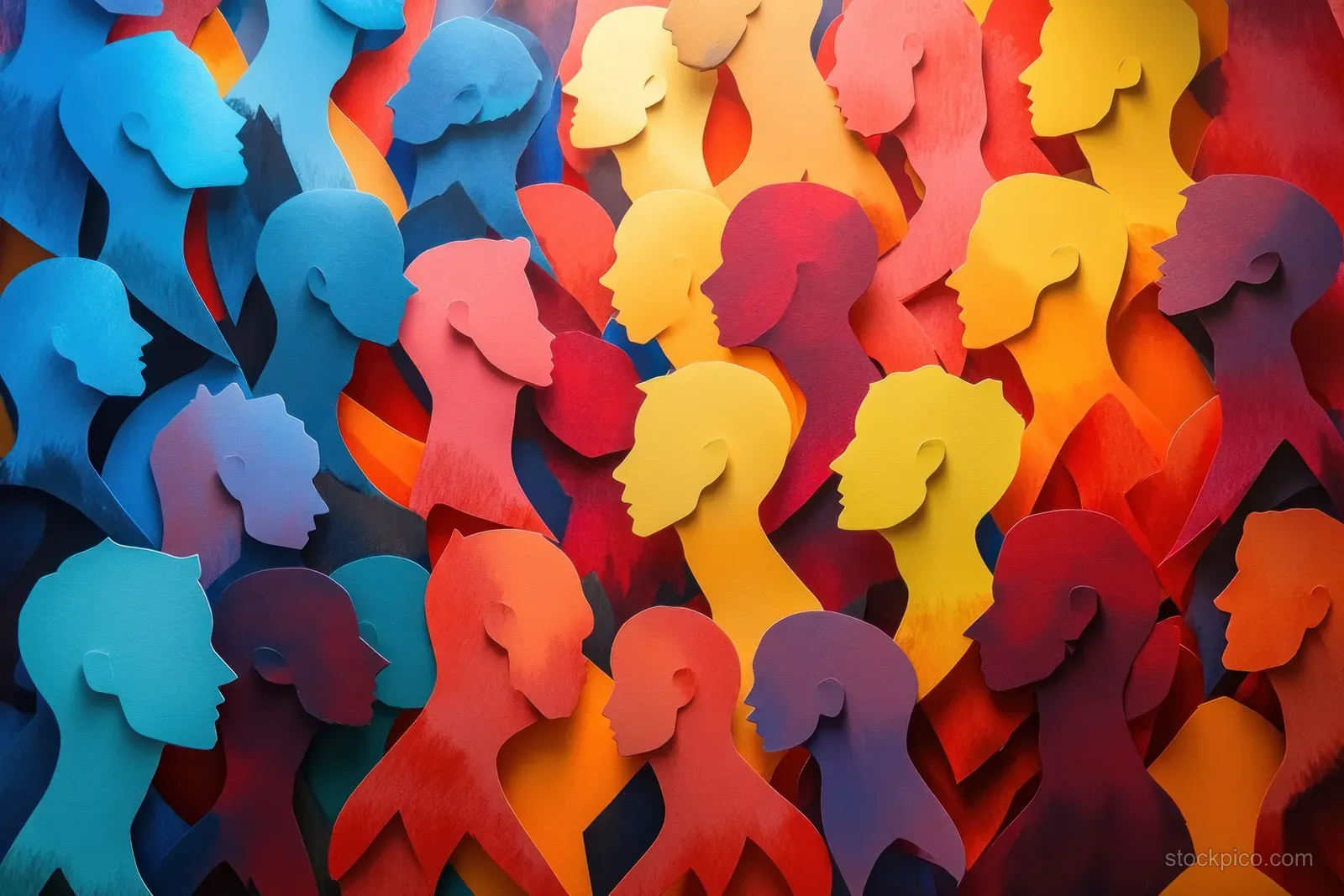 Layered colorful paper-cut silhouettes of a crowd of people in profile.
