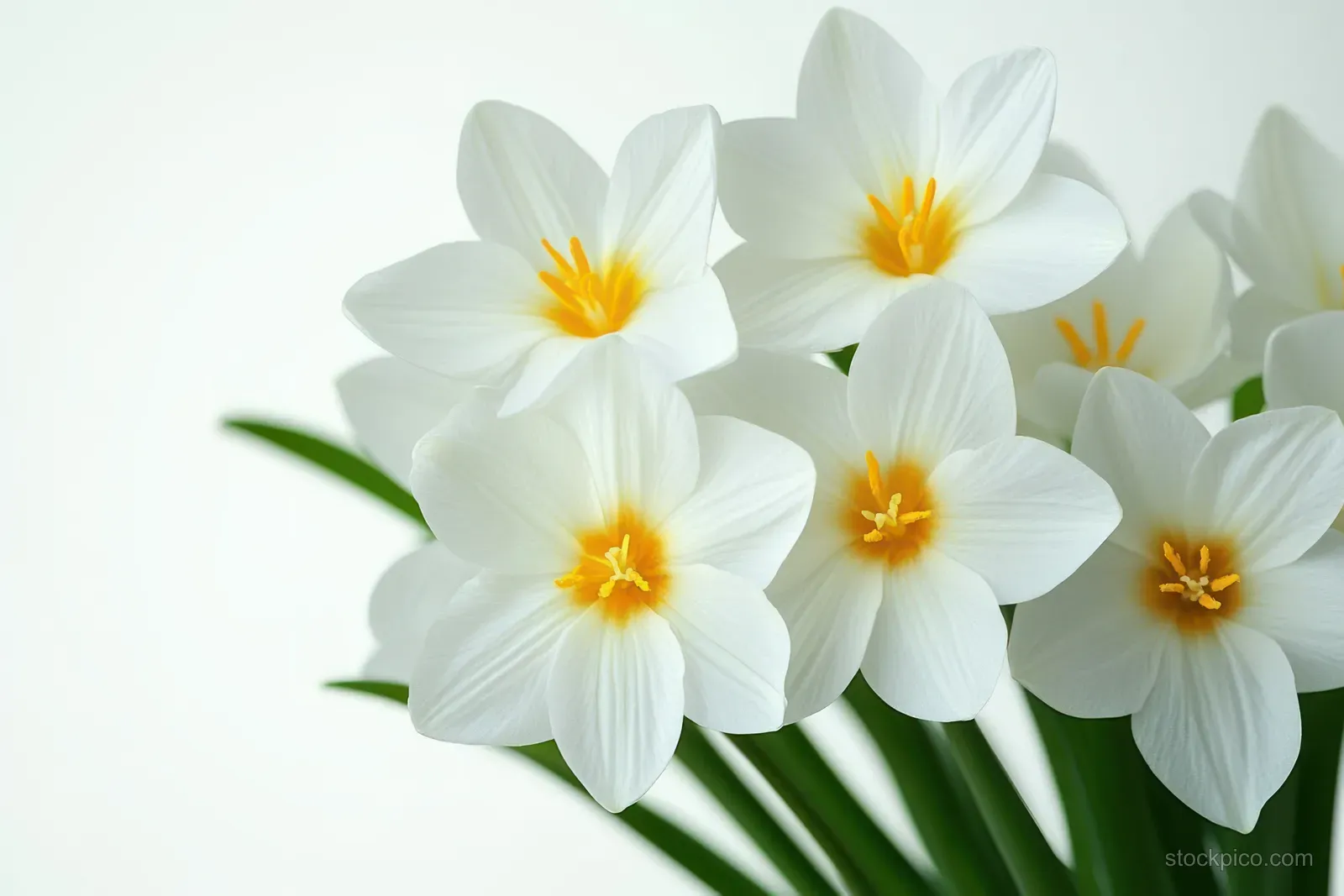 Close-up of white daffodil-like flowers with yellow centers and green leaves against a soft light background.