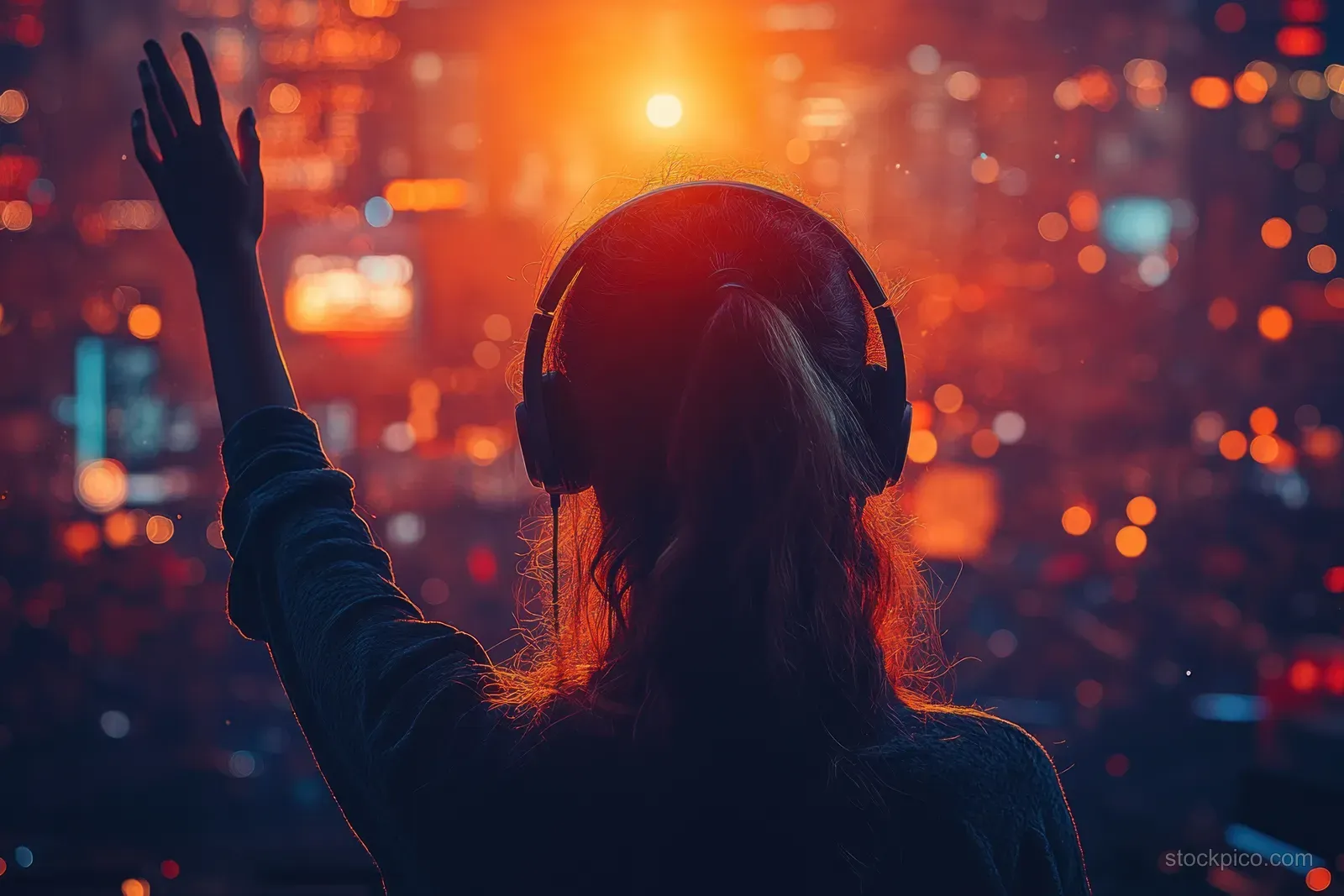 Woman wearing over-ear headphones waves in a neon city night scene with red and blue bokeh lights.