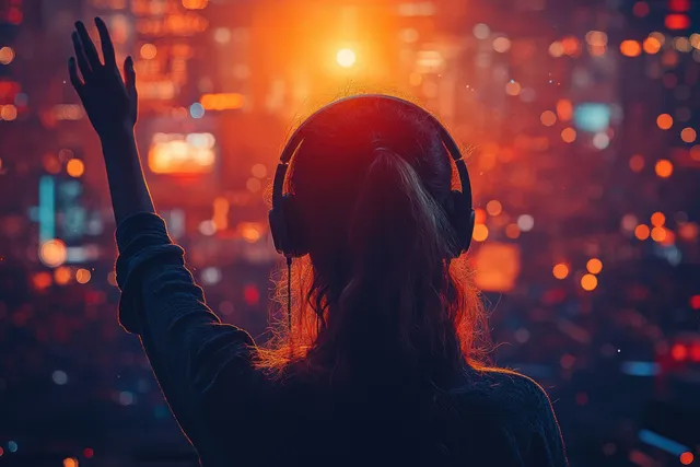 Woman wearing over-ear headphones waves in a neon city night scene with red and blue bokeh lights.