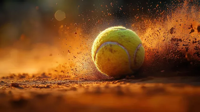 A yellow tennis ball hits a clay court, scattering red dirt particles across the ground in warm sunlight.