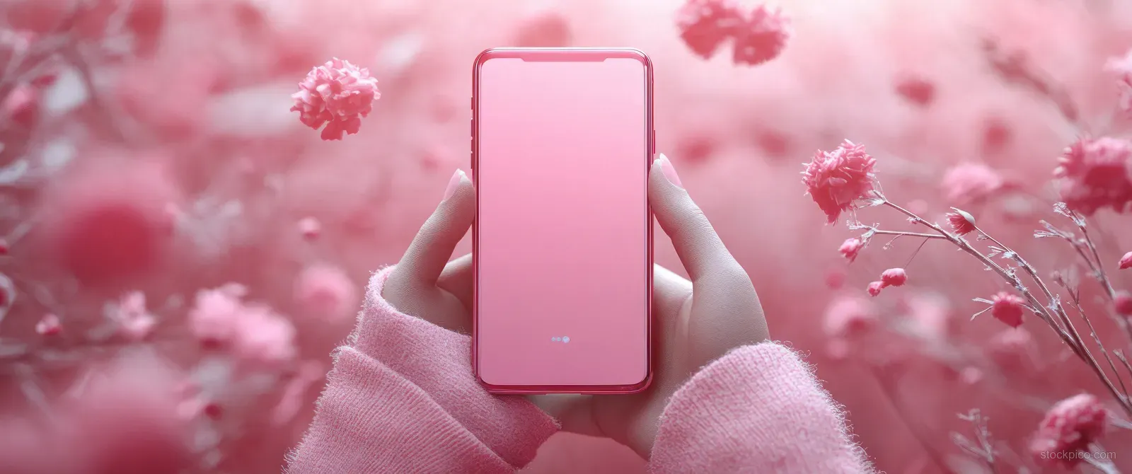 Hands hold a smartphone in front of a soft pink background with floating sparkles and hearts.