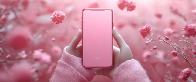 Hands hold a smartphone in front of a soft pink background with floating sparkles and hearts.