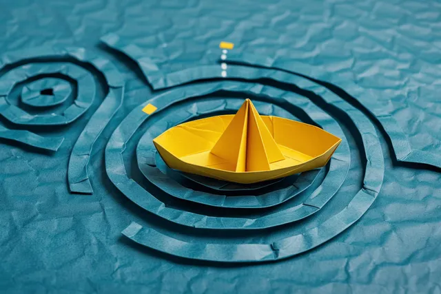 Yellow paper boat navigating circular maze on blue textured paper
