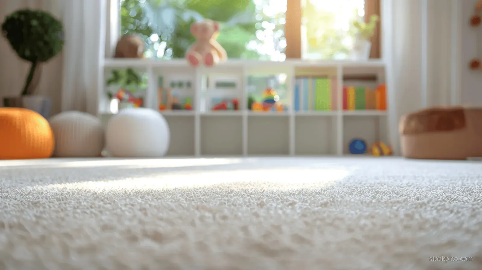 White carpet in the foreground with a shelf of children’s toys and books in the bright playroom.