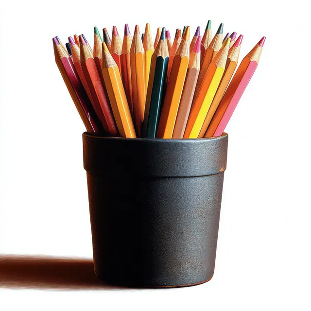 A black cup filled with sharpened colored pencils arranged tightly with a soft shadow on white.