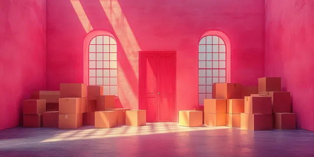 Moving boxes are stacked beside an open door in a bright pink room with sunlight and long shadows.
