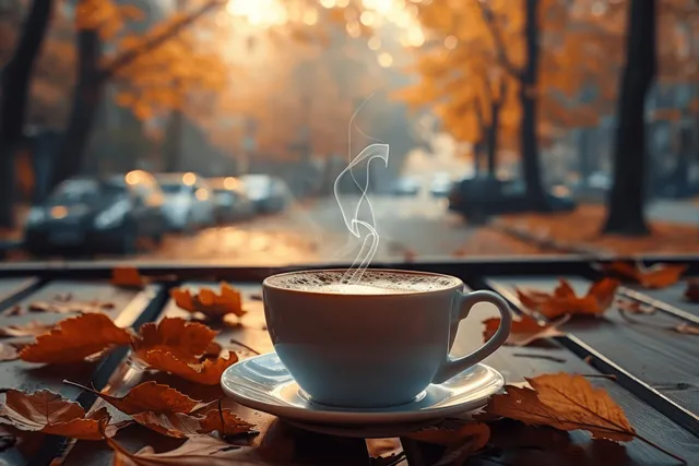 Steaming coffee cup on wooden table amid autumn city street