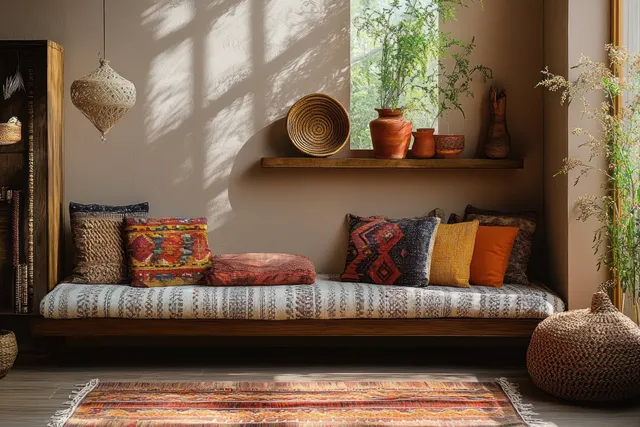 Bohemian daybed in a sunlit living room with patterned pillows, rattan cushions, and textured wall shadows.